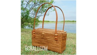 organic grass rattan hand woven bags purses handmade leather handle